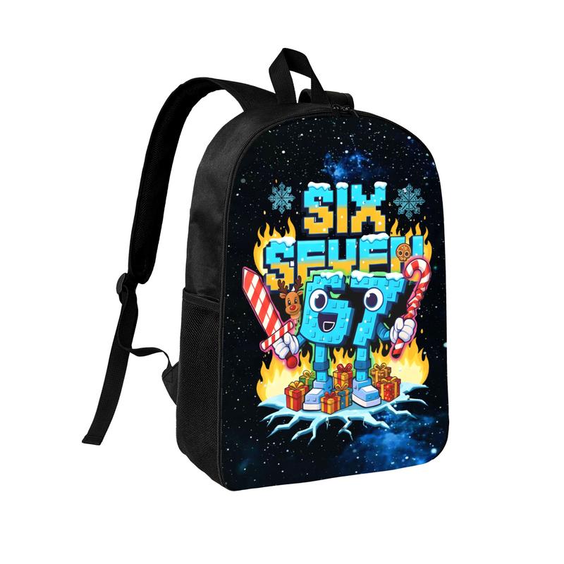 Festive "Six Seven" 67 Cartoon Christmas Backpack with Snowflake & Candy Cane Print for Kids & Teens Casual School Travel Bag