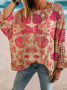 Spring and summer round neck diamond hollow batwing sleeve knitted cardigan, leaf print, versatile for commuting and vacation, ideal as a bikini cover-up, loose drop shoulder for a slimming look, Beach Cover Up