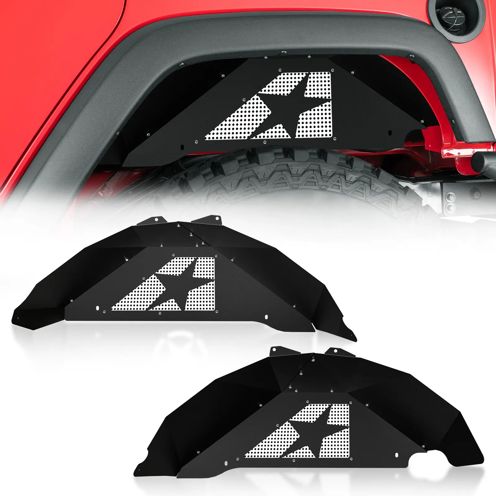 【YZONA】Rear Inner Fender Liners Compatible with 2007-2018 Jeep Wrangler JK & JKU Sport Sahara Rubicon (2/4 Doors), Slanting White Stars Style Steel Wheel Cover Mud Guards Fenders Flares Bolt-on, Black, Carbon Steel, 29.13 X 11.42 X 5.91 Inches, Enhanced V