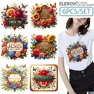 6Pcs Christian Flower Iron on Patches Watercolor Floral Applique for Tshirt Clothes Bags Pillows Decorative Accessories