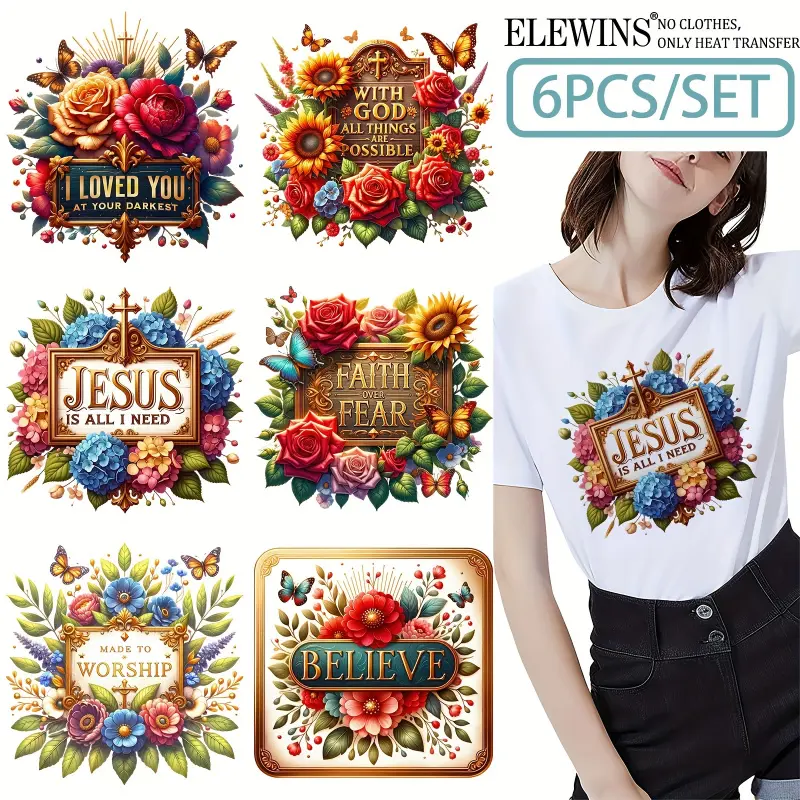 6Pcs Christian Flower Iron on Patches Patch Design Dtf Iron on Watercolor Floral Applique for Tshirt Clothes Bags Pillows Decorative Accessories