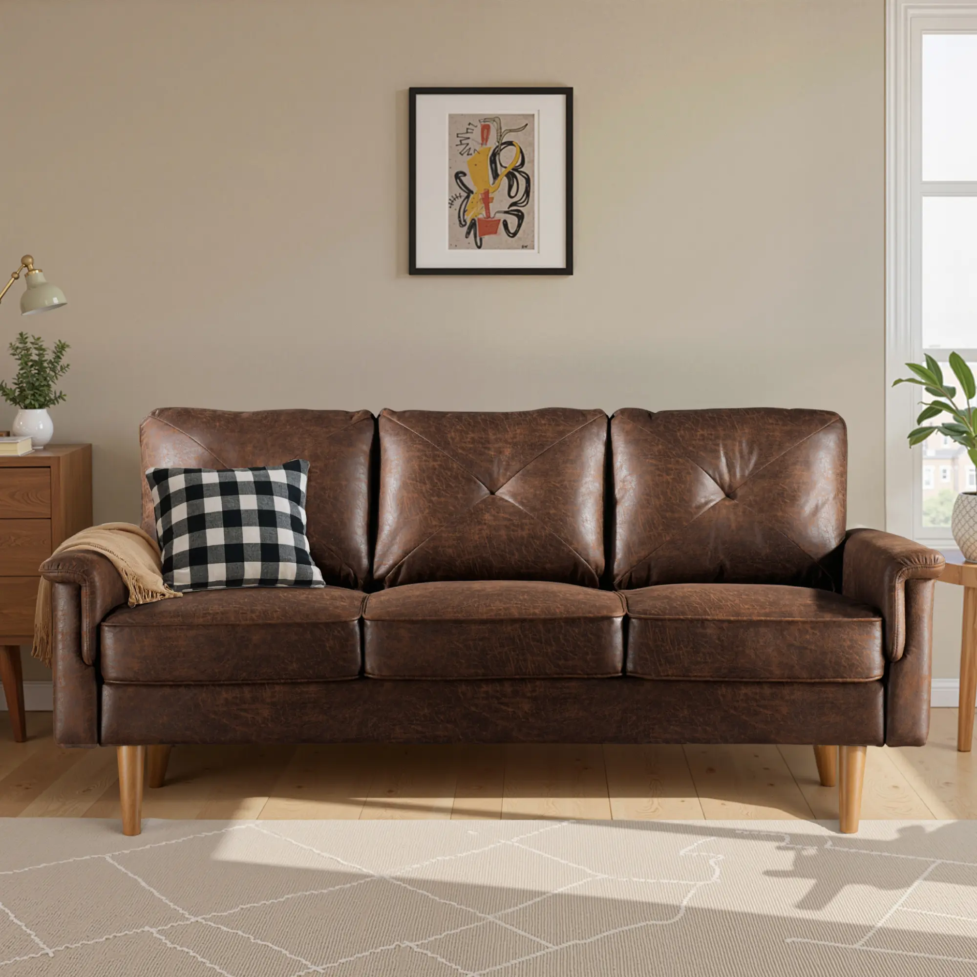 ALLWEX 71" Vintage Brown 3 Seater Sofa Couch, Mid Century Modern Upholstered Sofa with Deep Seats, Suede Fabric, Solid Wood Frame, High Resilience Cushions for Living Room, Apartment & Home