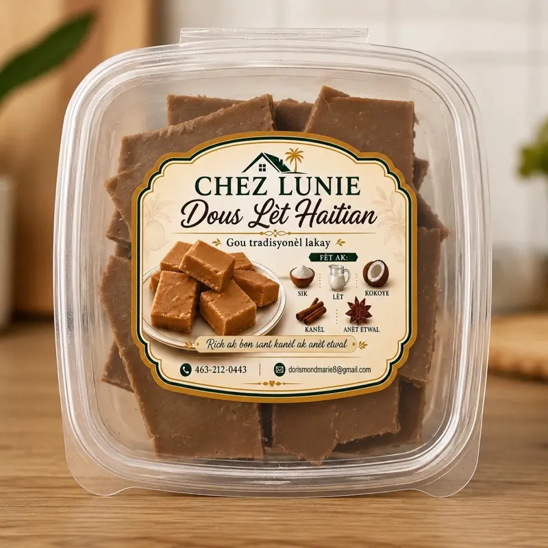 Dous lèt Haitian  12oz Chez Lunie   Dekouvri vrè gou lakay ak Dous Lèt Chez Lunie! Fèt ak lèt, sik, kannèl ak anèt etwal pou ba ou yon gou rich, dous, ak natirèl. Chak mòso fèt ak anpil swen pou pote tradisyon ayisyen an lakay ou