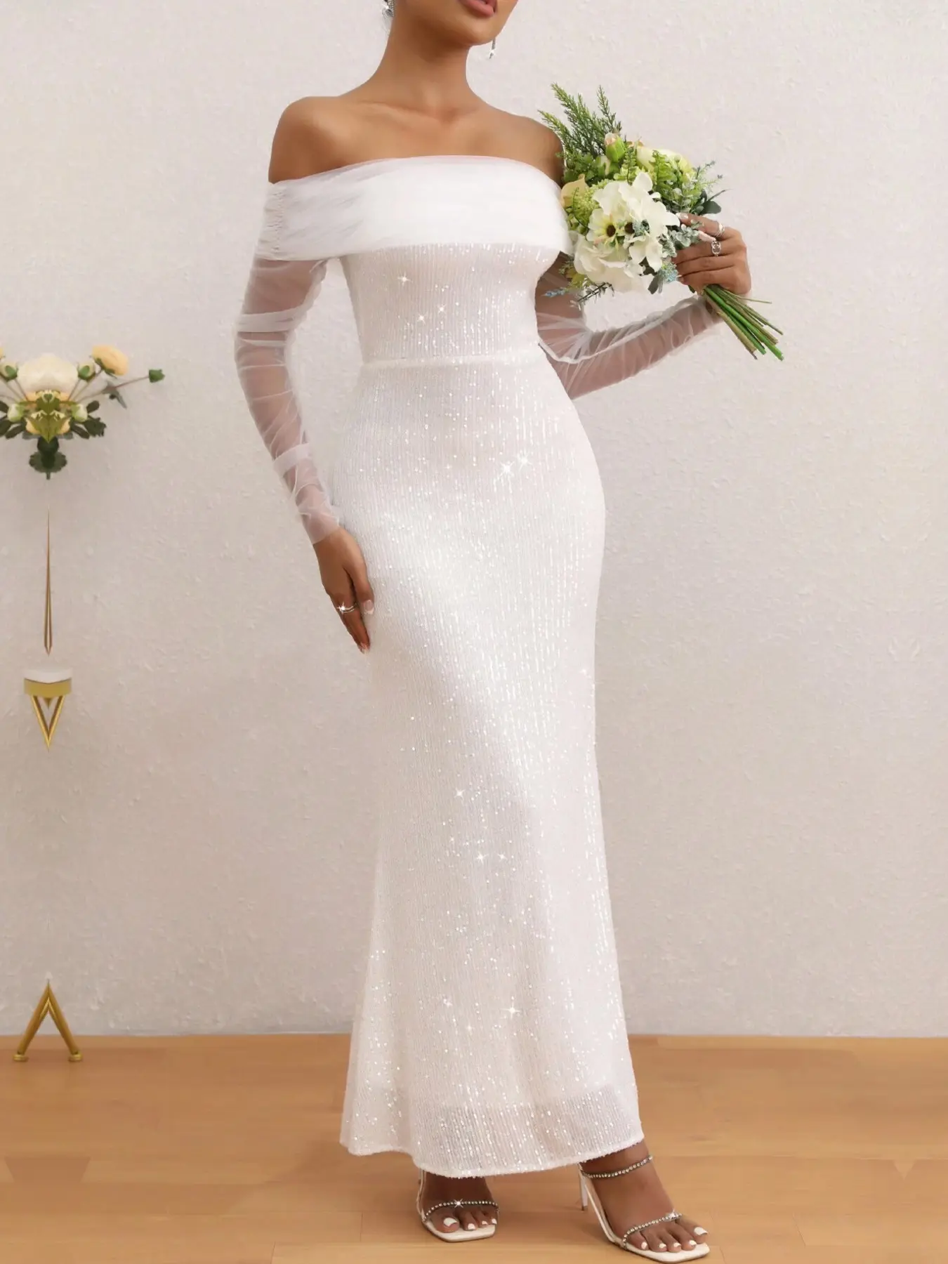 Sequined One Shoulder Mesh Long Sleeve Mermaid Dress, Elegant Formal Chic Party Gown, Formal Wear, Perfect for Weddings, Evening Parties, Important Ceremonies
