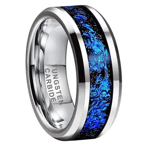 8mm Silver Tungsten Ring - Suitable for both men and women. Orion Nebula, Galaxy Opal Stone, Blue. Bejeweled, Set. Engagement Ring, Wedding Ring, Promise Ring. Sloping surface, Edge, Polished. Comfortable, Fit well.