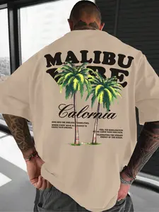 Men's Malibu California Palm Tree Loose Fit T-Shirt, Vintage Beach Casual Street Style, Iconic Palm Tree Pattern, Inspirational Quotes