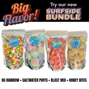 Surfside Bundle Freeze Dried Candy- 4 Pack- Berry/Rainbow Blast Mix, OG Rainbow, Saltwater Puffs, Honey Bites Crunchy Snack | Crunchy TikTok Trend