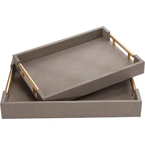 2 Piece Woven Leather Ottoman Tray with Gold Handles, Perfect Rectangular Serving Tray for Living Room, Coffee Table Tray as Thoughtful Gift for Home Decor Enthusiasts (Coffee Brown)