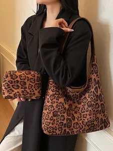 Retro   lazy style leopard print shoulder tote bag, fashionable and simple classic leopard print design, practical, casual and versatile sweet and cool style suitable for daily commuting, shopping, etc. Shoulder Commuter Bag