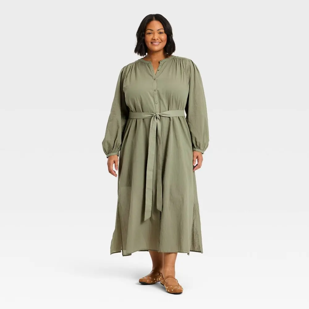 Universal Thread Women's Flounce Collared Neck Maxi Shirtdress - Olive Green