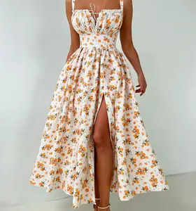 New Summer Low-Neck Tie-Waist Slit High-Waisted Fresh Sweet Fruit Print Spaghetti Strap Dress