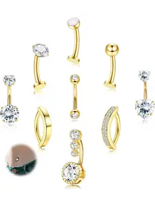 Hypoallergenic Gold Belly Button Bars - 14K Gold Plated Belly Bar Surgical Steel Silver Belly Button Piercing Cubic Zircon Opal Click Floating Belly Ring Navel Piercing Jewellery 14G 10mm 12mm