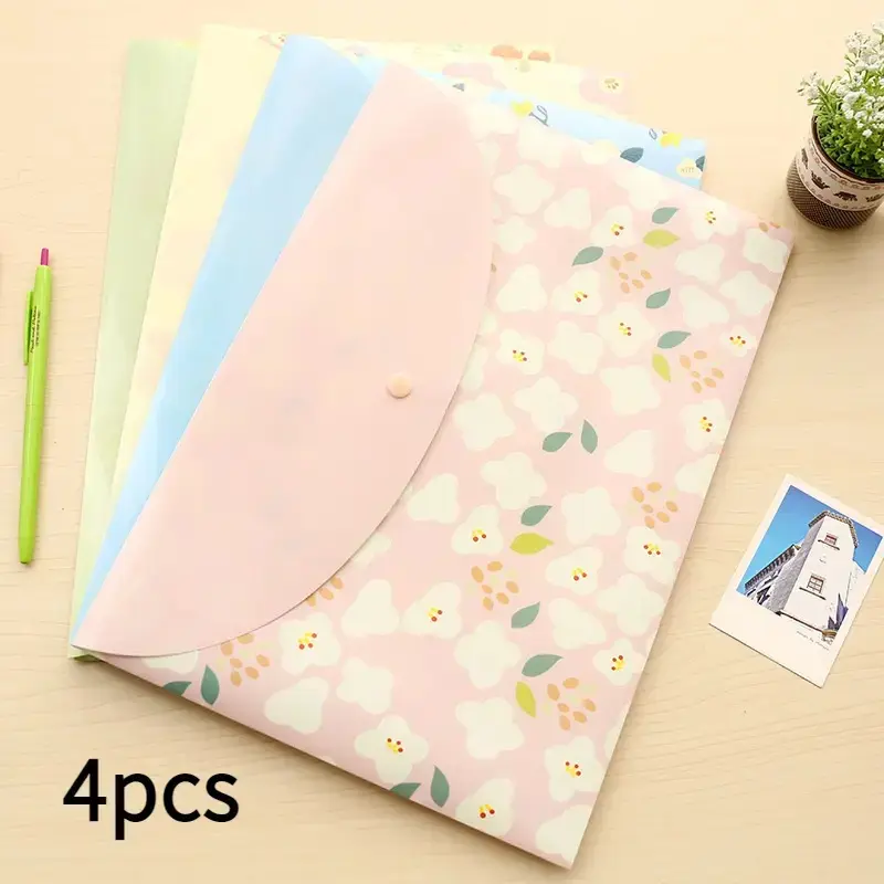 Cute Flower A4 File Folders Set of 4, Transparent PVC Snap Button Filing Jackets, Student Office Creative Storage, Pastel Floral Pattern, Office Supplies, Paper Organizers, File Storage Bag
