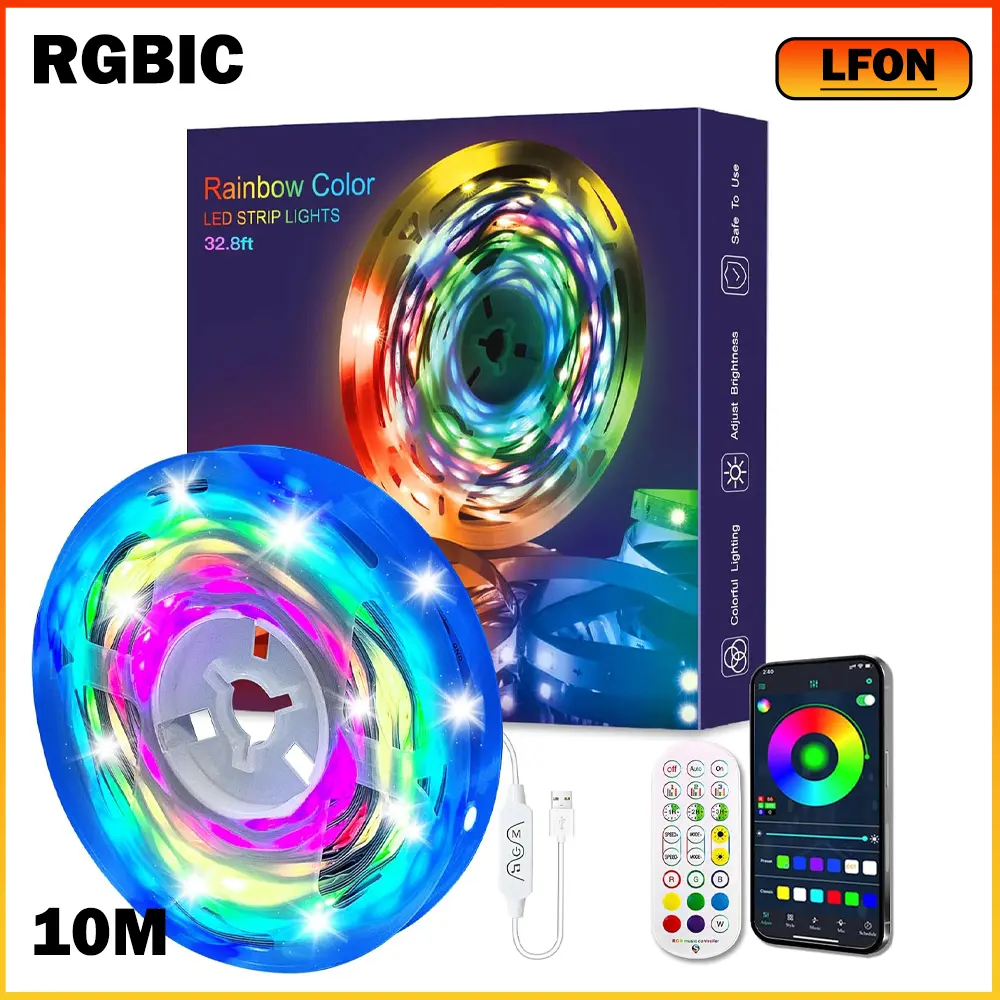 32.8ft RGB+IC LED Strip Lights , 5V USB Powered, Music Sync Bluetooth APP/Remote Control Lights for Balcony,Deck,Camping,Garden,Bedroom Decor