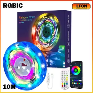 32.8ft RGB+IC LED Strip Lights , 5V USB Powered, Music Sync Bluetooth APP/Remote Control Lights for Balcony,Deck,Camping,Garden,Bedroom Decor