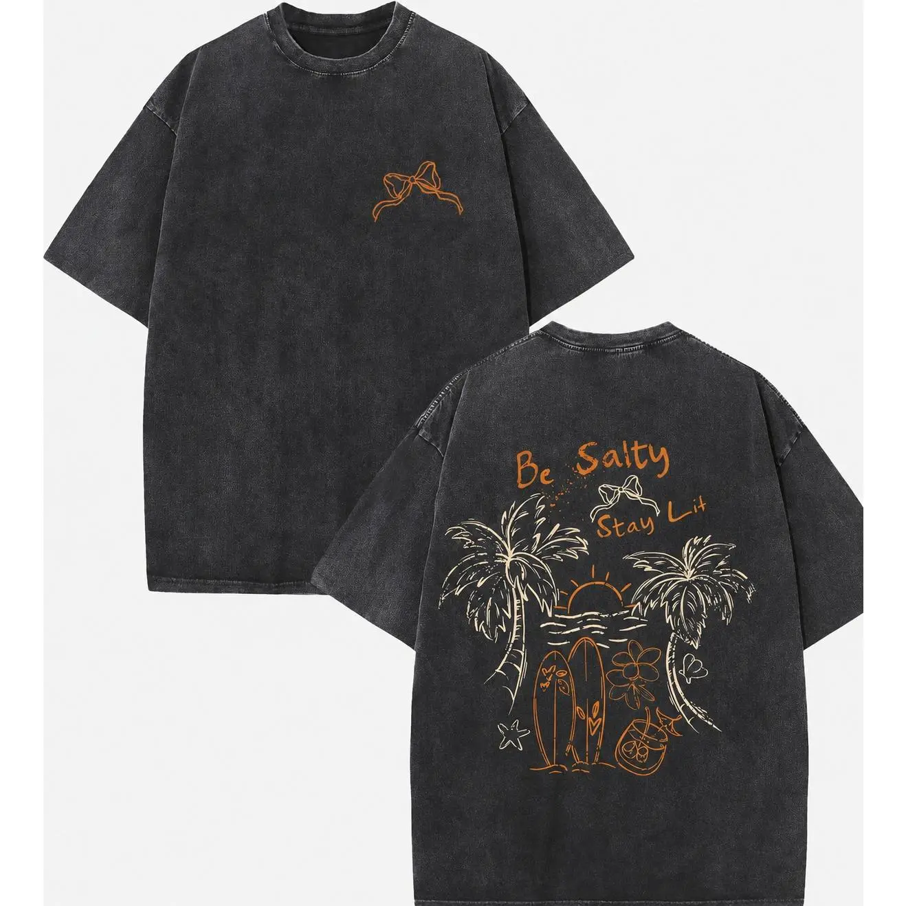 Retro Vintage Washed Beach Surf Casual Tee Oversized Soft Cotton Double Sided Bow Palm Tree Sunset Surfboard Print Be Salty Stay Lit Summer Vacation Trendy Streetwear Top summer outfits