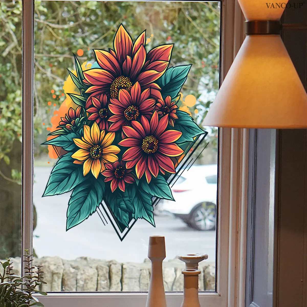 A 2D flat electrostatic adsorption spring hand-painted sunflower window sticker for window decoration, electrostatic glass sticker, size 30*30cm, D21598-KR
