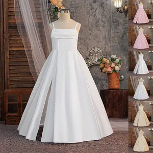 7-12Y White Split Spaghetti Strap Dress Backless 669 Pink Kids Clothes Flower Girls Princess Long Ball Gown Frock Children Formal Evening Party Banquet Pageant Prom Host Cocktail Dresses