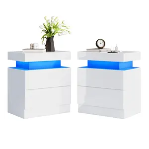 [MothersDayGift][TWO TABLES IN ONE BOX] VanAcc High Gloss Nightstand Set of 2 with Charging Station, Modern Bedside Table with LED Lights by App and Remote  Control, Sofa End Side Tables with Drawers, Minimalist Night Stand for Bedroom, Living Room,