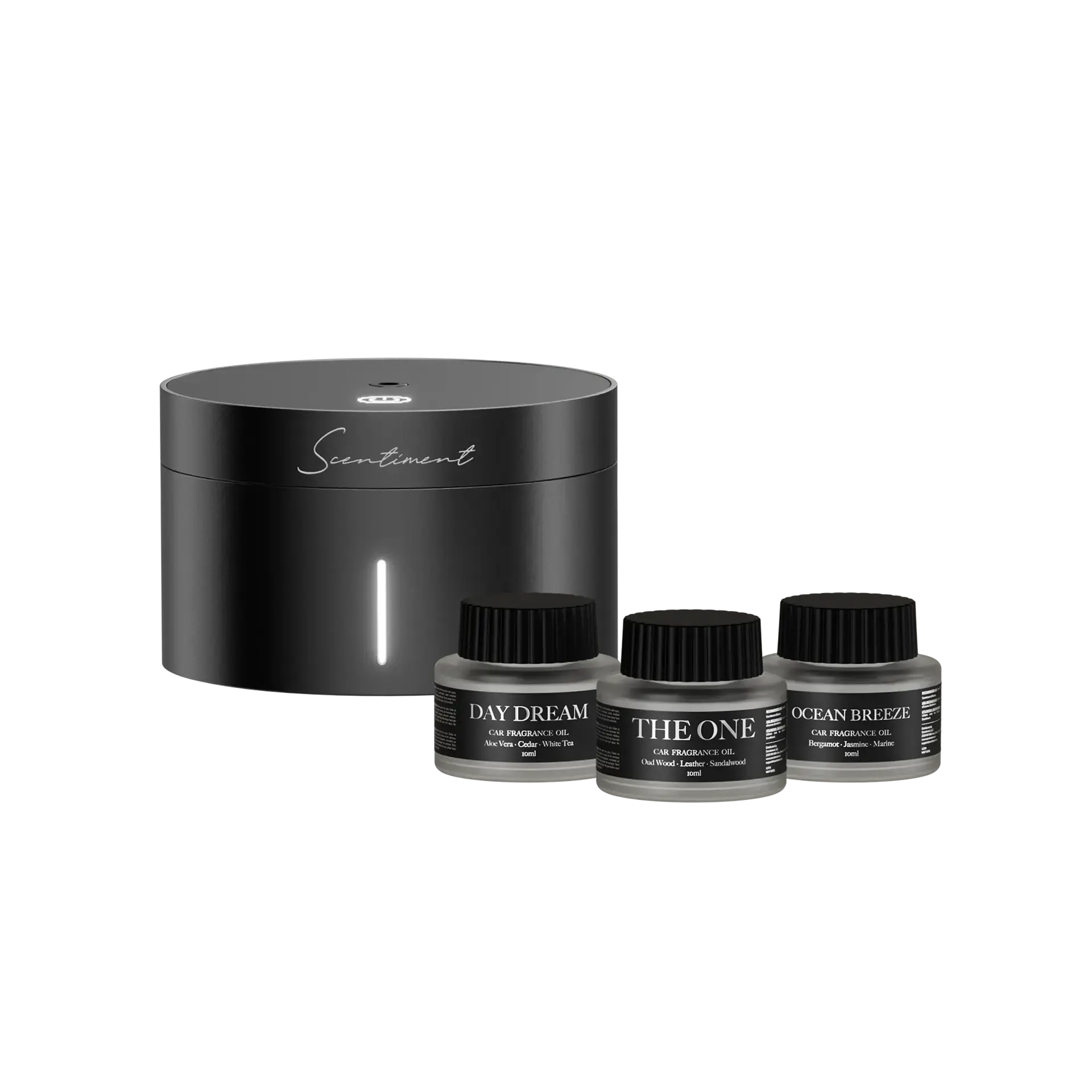 Scentiment Car Diffuser Discovery Kit - Includes 3 Signature 10ml Fragrance Oils for Cold Air Diffusion - No Water or Heat Needed - Sleek Design - Perfect for Everyday Use