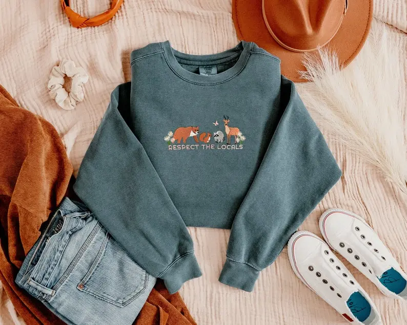 Respect Local Wildlife Embroidered Sweatshirt, Protect National Parks, Camping Outdoors Granola Girl Sweatshirt, Environmental Sweatshirt, forest animals shirt