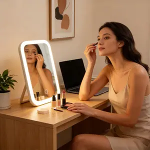 Unique Designer Vanity foldable Mirror with Three Colors LED Light Touch Control for Desktop Bedroom Dressing Area Elegant rechargeable travel Makeup Mirror