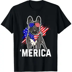 Merica French Bulldog American Flag 4th of July Frenchie T-Shirt Pure Cotton Graphic Tees Menswear Top: Gifts for Men & Women