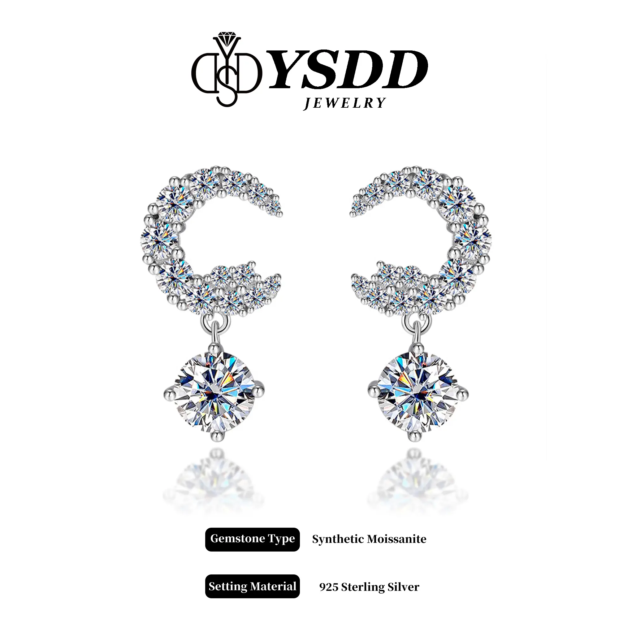 【11.21 】Lovely 1CT Total Moon Dangling Earring vvs Synthetic Moissanite Earrings in 925 Sterling Silver