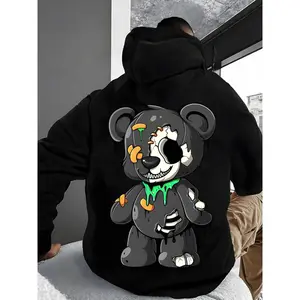 Men's Casual Cotton Blend Hoodie, Cartoon Teddy Bear Print, Knitted Fabric, Regular Fit, Autumn/Winter Series, Soft and Comfortable, with Pocket Detail, Oversized Hoodie, Halloween