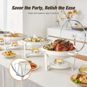 sebastian CADIA, White Chafing Dishes for Buffet with Glass Lid (5QT, 2/4Pack), Maifanite-Coated Round Chafing Dish Set w/Mirror-Polished Stainless Steel, Rolled Rim, Stackable, Lid Holder for Party, Wedding