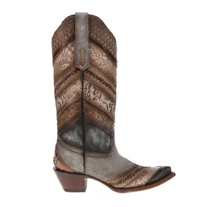 Corral Boots Womens Sky Blue Application Jute Embroidered Studded Snip Toe Pull On  Casual Boots Mid Calf Low Heel 1-2" - Brown