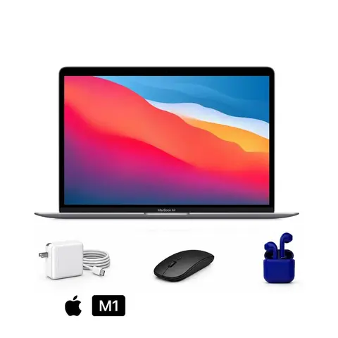 Refurbished 13" (2020) M1 Laptop Computer - 8GB RAM, 128GB Storage, Space Gray, Good Condition - with Generic Wireless Mouse, USA Essentials True Wireless Earbuds, Charger