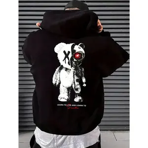 Cyberpunk Bear Men’s Hoodie - Black with Kangaroo Pocket. Cool "Learn to Live" Graphic. New Fashion Trend, Edgy Streetwear for Urban Style