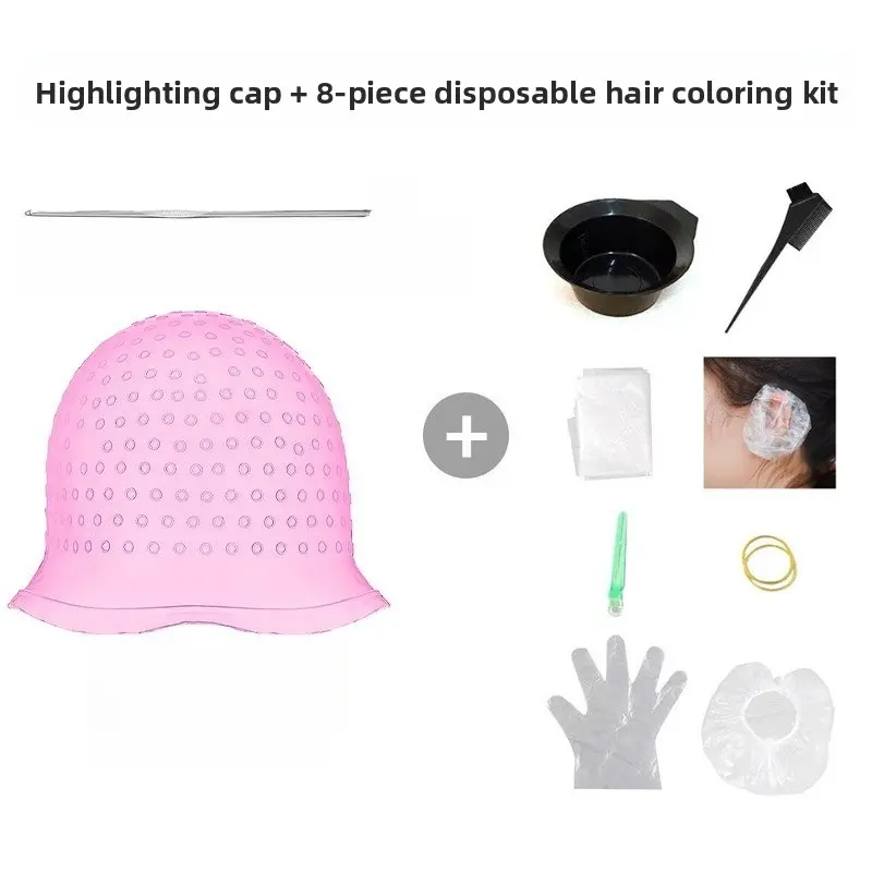 8-Piece Highlighting Cap Kit | Reusable Silicone Highlighting Cap – Pull-through Style, Perforated Design with Hook | Salon-grade Hairdressing Tools | Professional Hair Highlighting Accessories | Highlight Balayage
