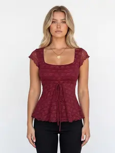 Women's Lace Patchwork Wooden Trim Belted Slim Fit Square Neck Short Sleeve Top, Summer Vintage Style for Casual Commuting Dating