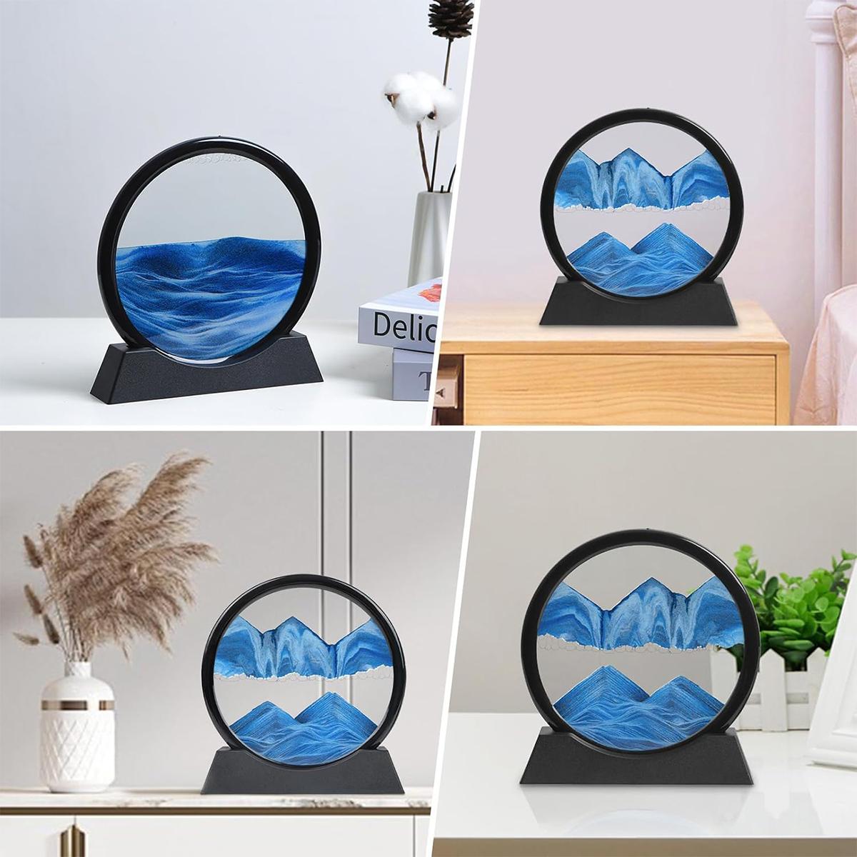 Moving Sand Art Liquid Motion – 3D Deep Sea Sandscape Picture, Round Glass Frame Display, Flowing Sand Relaxing Toy for Desktop, Home Office Decor