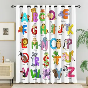 Cartoon Animal Alphabet Print Drapes, A-Z Design for Kids, Metal Ring Insulated Curtain, Bedroom Living Room Decor, Early Education Gift