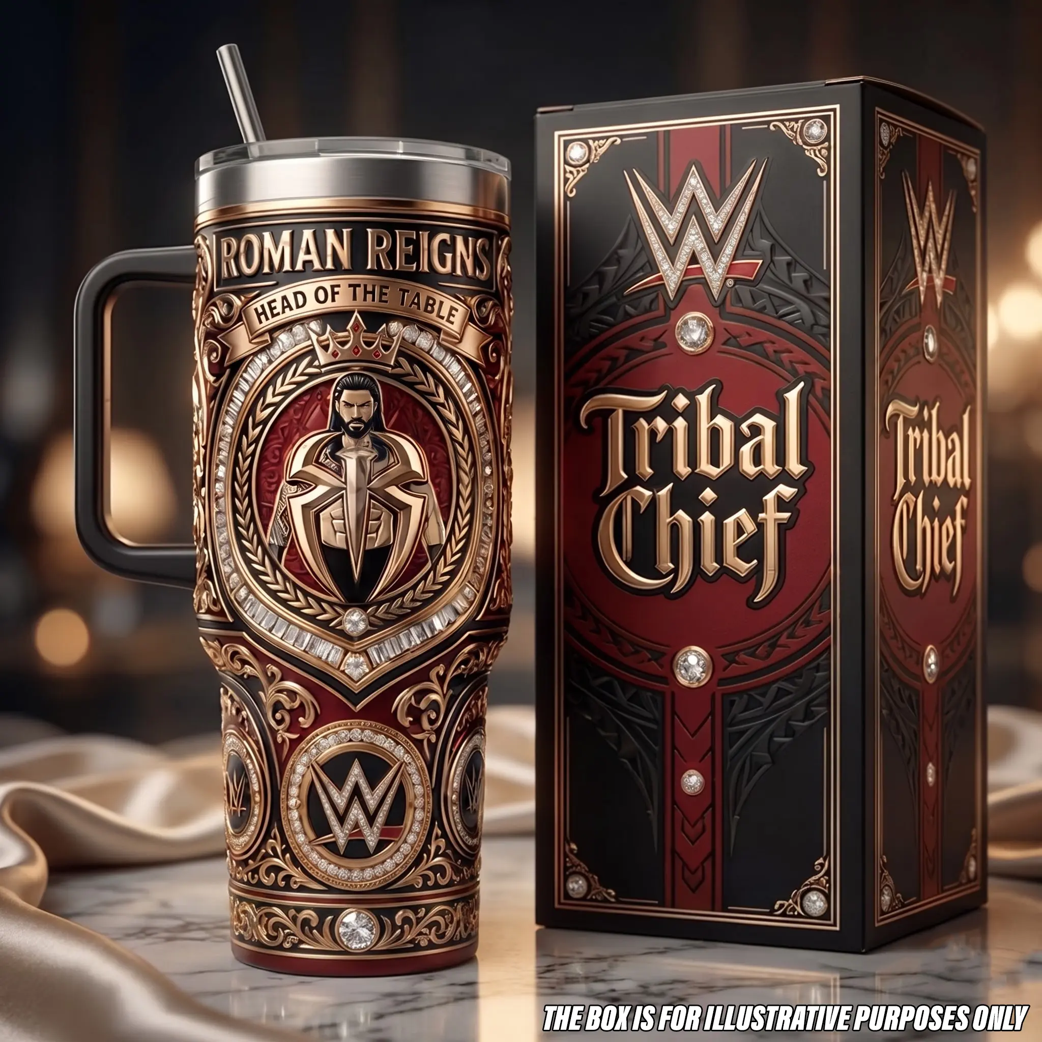 Roman Reigns Head of the Table Tumbler with Handle, 40oz Insulated Stainless Steel Travel Mug Straw, Tribal Chief Bloodline WWE Wrestling Car Cup, Sports Entertainment Drinkware, Classic Wrestling Merchandise Collectible Roman Reigns WWE Fans