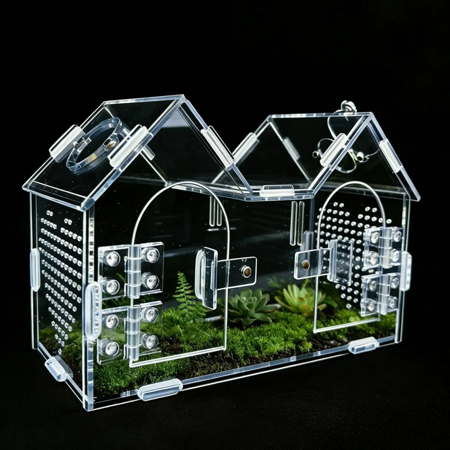 Jumping Spider Enclosure, Dual Magnetic Doors & Observation-Feeding Windows, Acrylic Reptile Habitat Kit, Pet Terrarium for Spiders, Tarantulas, Snails, Lizards & Small Reptiles (9.6×4.2×5.8 inches)