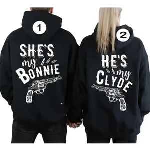 B0nnie Clyde Couple Matching Hoodies, Romantic 2 Sided Graphic Pullover, Casual Fleece Fabric Hooded Sweatshirt, Valentine Gift Outfit, Matching Outfits For Couples, Unisex For Men For Women