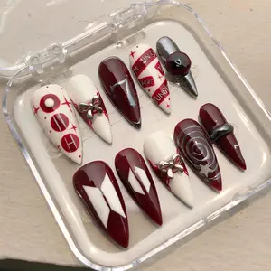 Burgundy Y2K Press On Nails – Cherry Red Chrome Stiletto Nails, Cyber Goth Bow Nail Art, Indie Sleaze Handmade Nails, Alt Girl Statement Nail Set