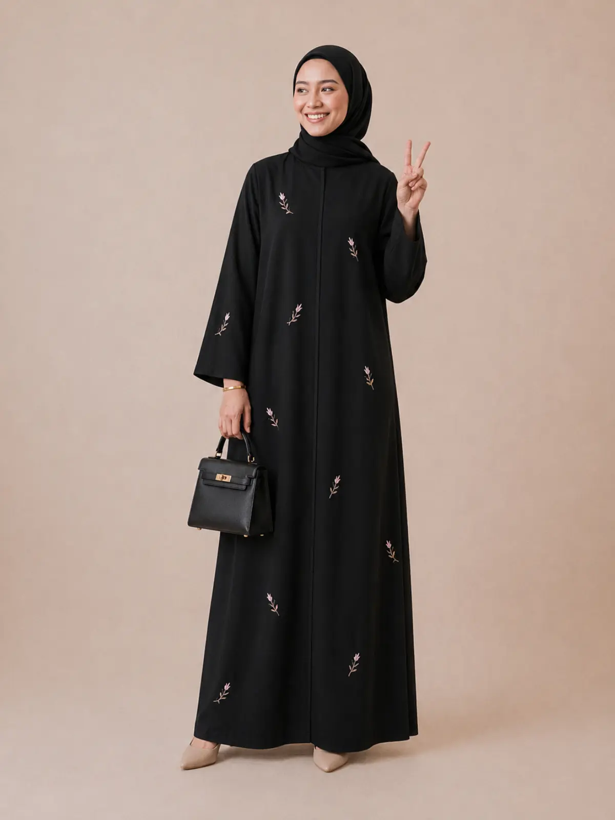 Naeema Luxe floral pink black embroidery button fully open front Black abaya