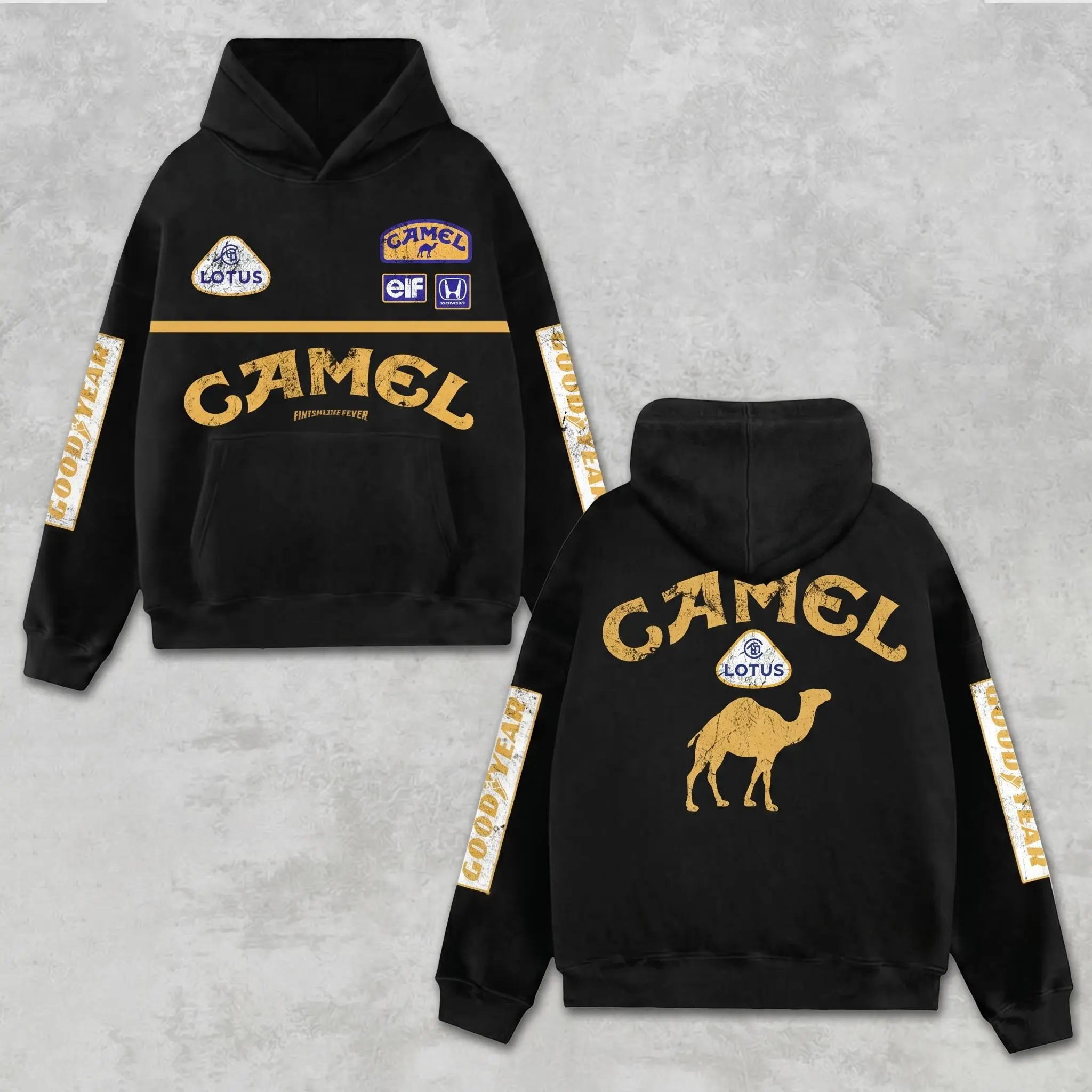 Retro Lotus x Camel Racing Hoodie Vintage Washed Black, Formula World Championship Enthusiast, Motorcycle Off-Road Dirt Bike Graphic Streetwear, Heavyweight Biker Sweatshirt, Retro Moto Gear Motorbike Apparel Men’s Grunge Y2K Racing Jacket Style