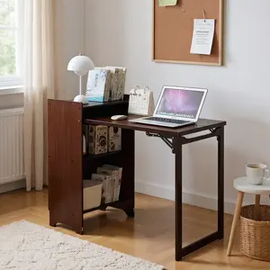 Bamboo Folding Desk with Storage – Space Saving Drop Leaf Table for Small Spaces, Mid Century Modern Fold Out Desk for Bedroom/Home Office, Brown Foldable