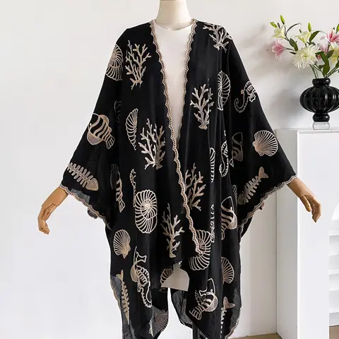 Boho Ocean Embroidered Split Scarf, Shawl for Dress, Loose Fit, Elegant Style, All Seasons, Perfect for Beach Vacations, Commuting, Dates