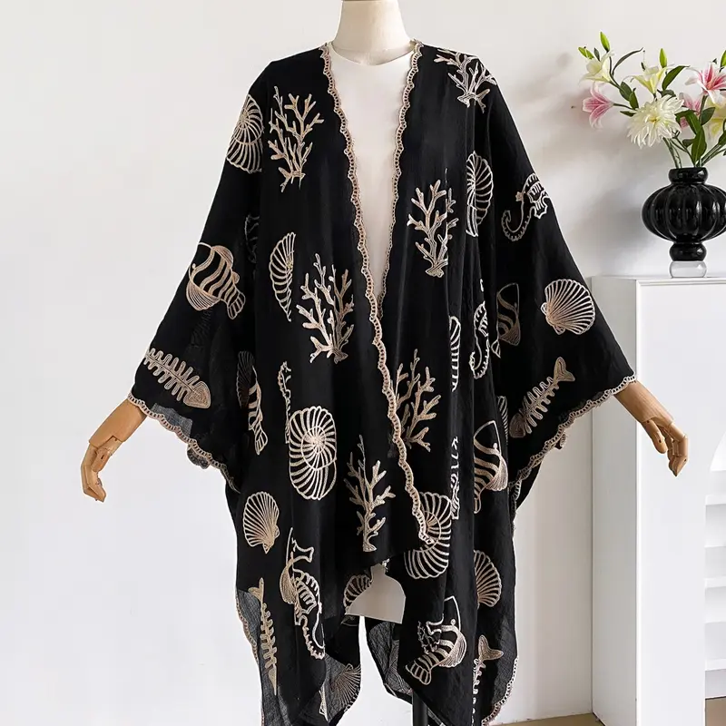 Boho Ocean Embroidered Split Scarf, Shawl for Dress, Loose Fit, Elegant Style, All Seasons, Perfect for Beach Vacations, Commuting, Dates