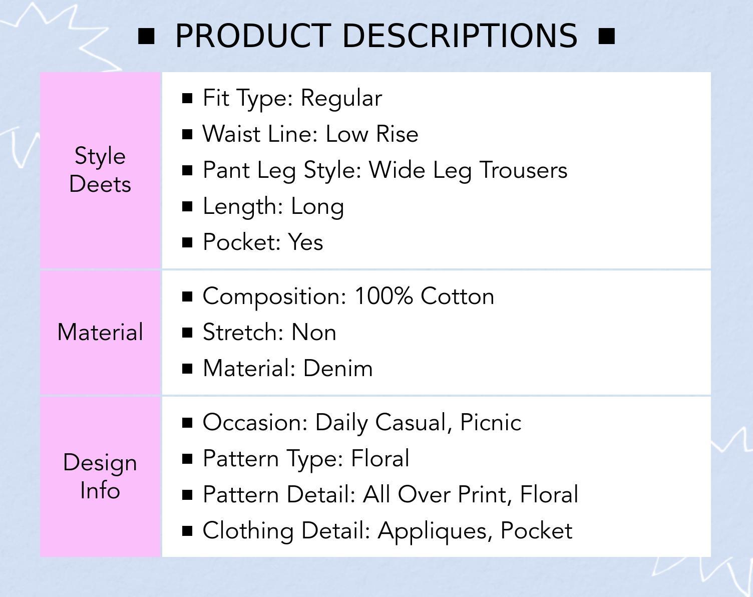 Cider Denim Low Rise Floral Applique Metal Detail Wide Leg Jeans, Trouser, Bottom, Pants, Women, Bottoms, Casual Wear, Cute Jeans, Medium Wash Jeans