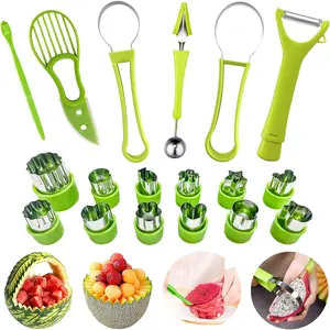 18pcs Melon Baller Scoop Set, 4 In 1 Stainless Steel Fruit Slicer Peeler Set, Avocado Slicer Orange Peeler Fruits Vegetables Carving Tools Set with Mini Fruit Cookie Cutters Set