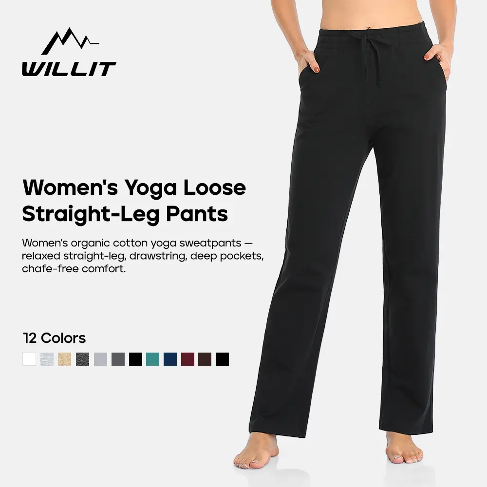 Willit Women's Cotton Open-Bottom Straight-Leg Lounge Pants with Pockets - Universal All-Seasons Coffee, Aqua, Oatmeal Yoga & Athletic Sweatpants