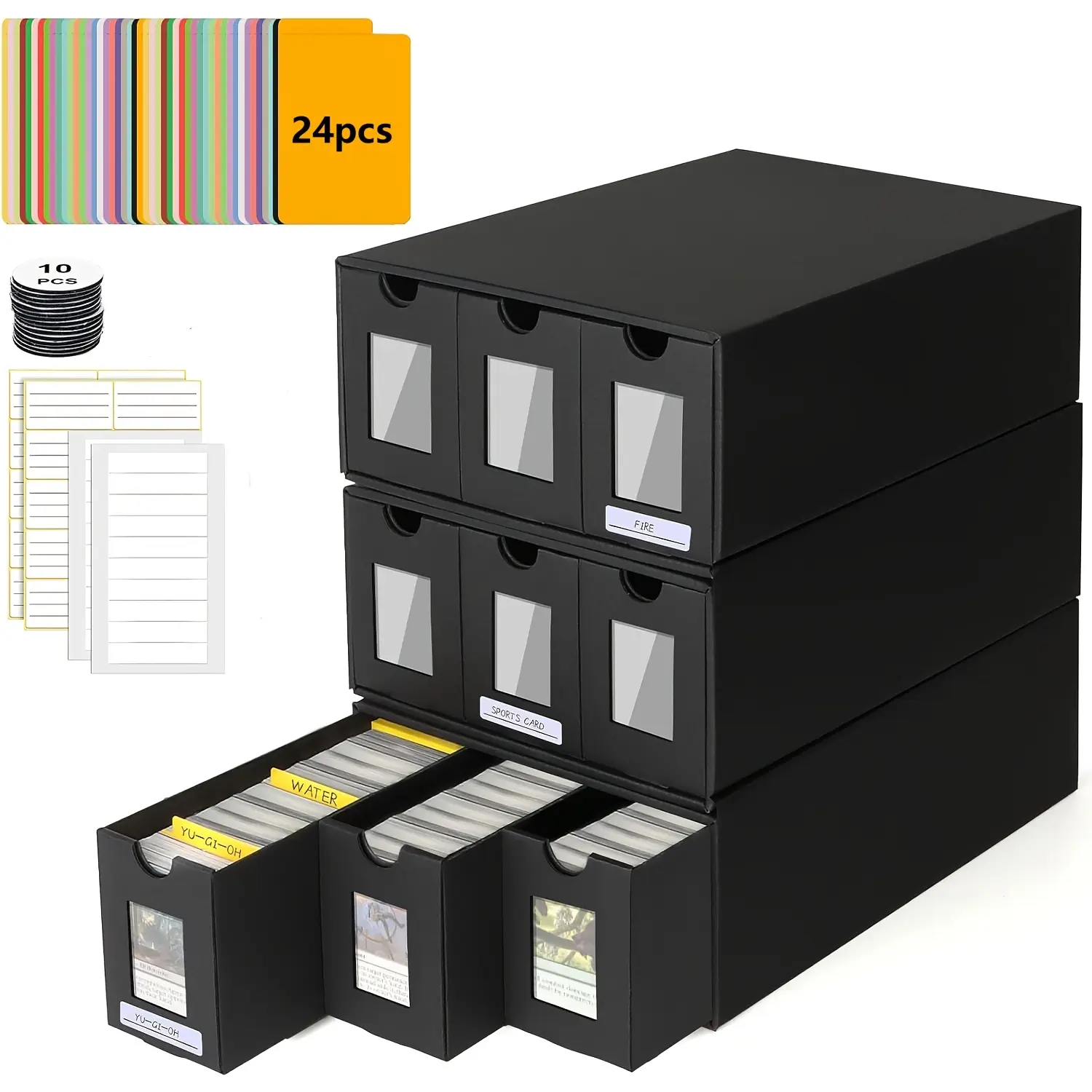 [Trading Card Storage Box] Includes 9-600 CT Boxes & 48 Card Dividers, 9000+ Trading Card game card display collection Organizer for Collectible Card Games, for MTG, TCG, YGO, PTCG, Baseball Cards, with Labels & Tapes